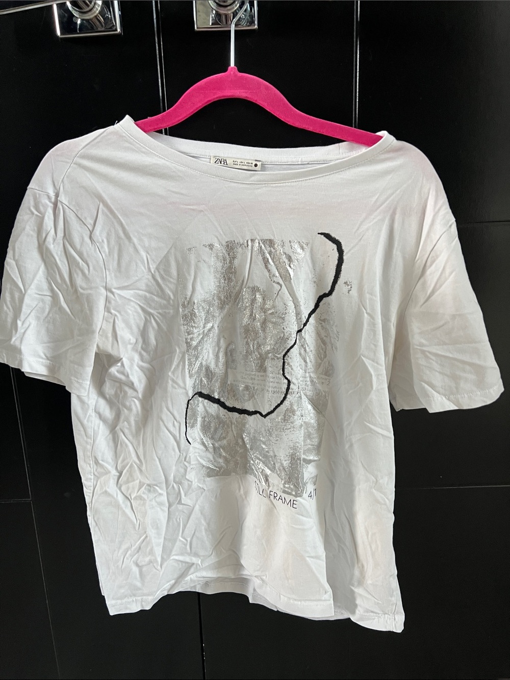 Zara White Short-Sleeve Tee with Silver Metallic Graphic and Black Detail